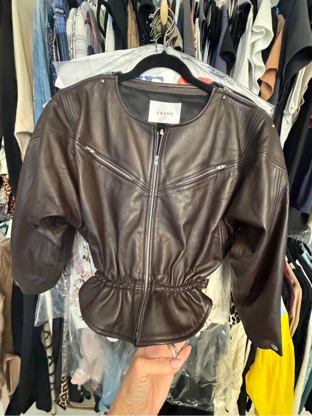 Woman’s Frame Denim Dark Brown Leather Zip-Front Jacket